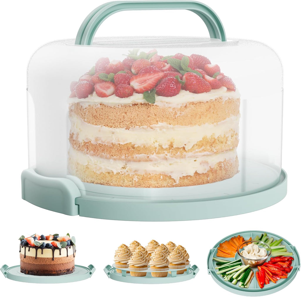 Cake Carrier with lid and Handle - Multipurpose Cake Stand with Lid for 10” Cake, Pie, Cupcakes - Cake Holder & Lid, Plastic Cake Container, Round Cake Cover for Transport & Storage (Seafoam Green)