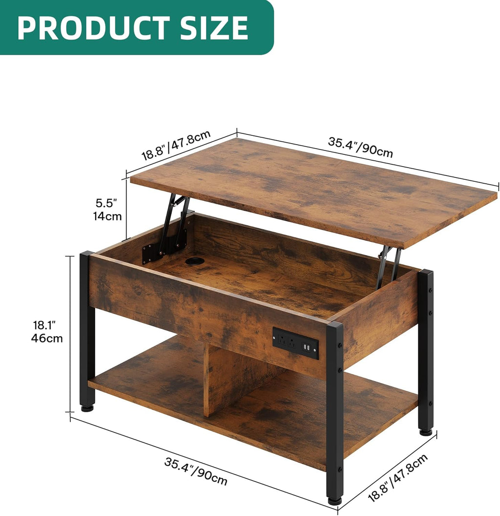 YITAHOME Lift Top Coffee Table with RGB Light, 3-in-1 Coffee Table with Power Outlets, Hidden & Open Storage, Adjustable Height, Wooden Dining Table for Living Room, Home Office, Brown