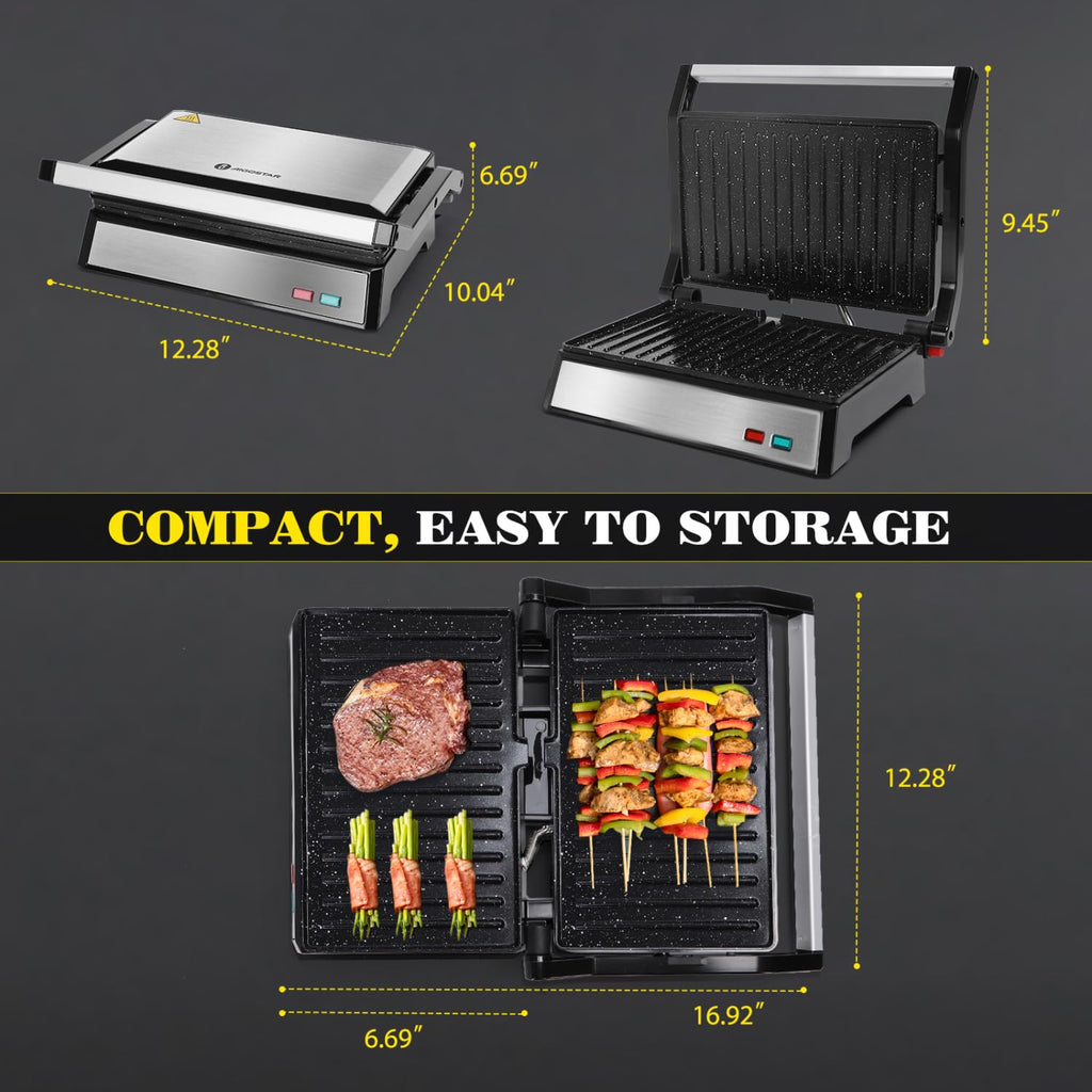 Aigostar Panini Press, 1200W Sandwich Maker and Electric Indoor Grill with Ceramic Non-Stick Coated Plates, Opens 180°to Fit Any Size of Food, Stainless Steel Surface & Removable Drip Tray, Silver
