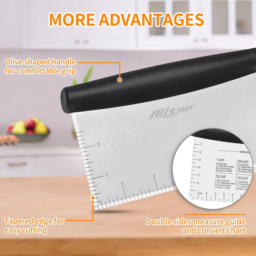 ALLTOP Bench Scraper & Chopper for Kitchen - Ideal Baking Essential Utensil,Stainless Steel Pastry/Dough/Food Cutter Tool for Cake Pizza Bread,Cooking - 1 Pack,Black