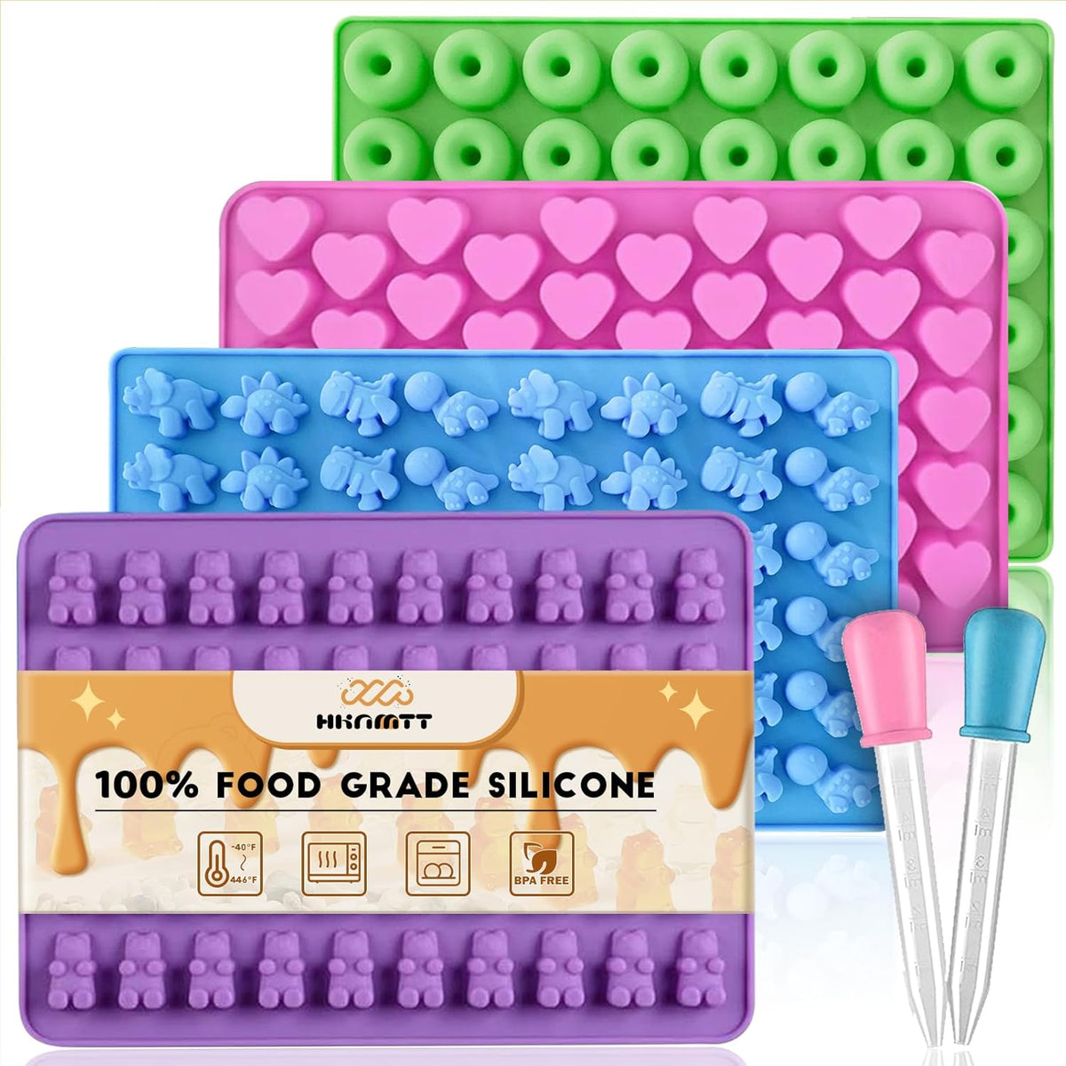 Gummy Bear Molds Silicone Mini Size, Non-Stick Chocolate Candy Gummy Mould for Kid with 2 Droppers Including Dinosaur, Bear, Hearts and Donut Shape 201 Cavities
