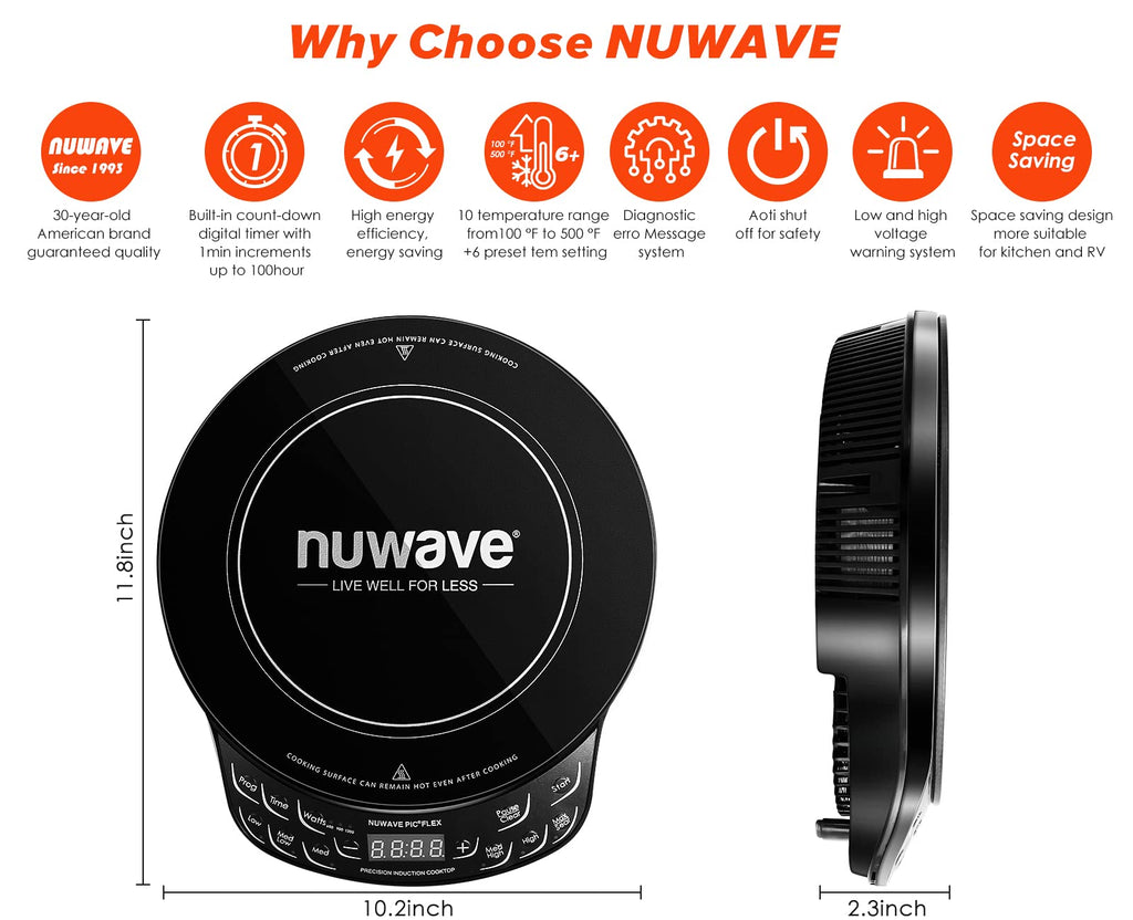 Nuwave Flex Precision Induction Cooktop, 10.25” Shatter-Proof Ceramic Glass, 6.5” Heating Coil, 45 Temps from 100°F to 500°F, 3 Wattage Settings 600, 900 & 1300 Watts, Black