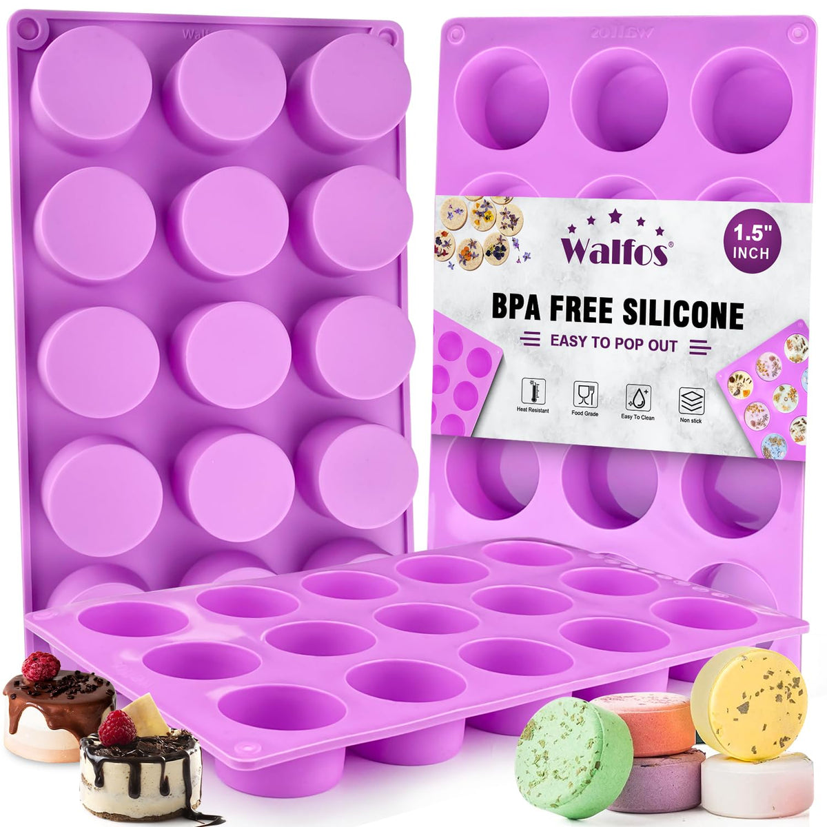 Walfos Silicone Soap Molds Set of 3, 6 Cavities Rectangle Silicone Soap Molds for Homemade Craft Soap Mold, Cake,Chocolate ＆ Ice Cube Tray（Blue & Purple ＆ Pink）