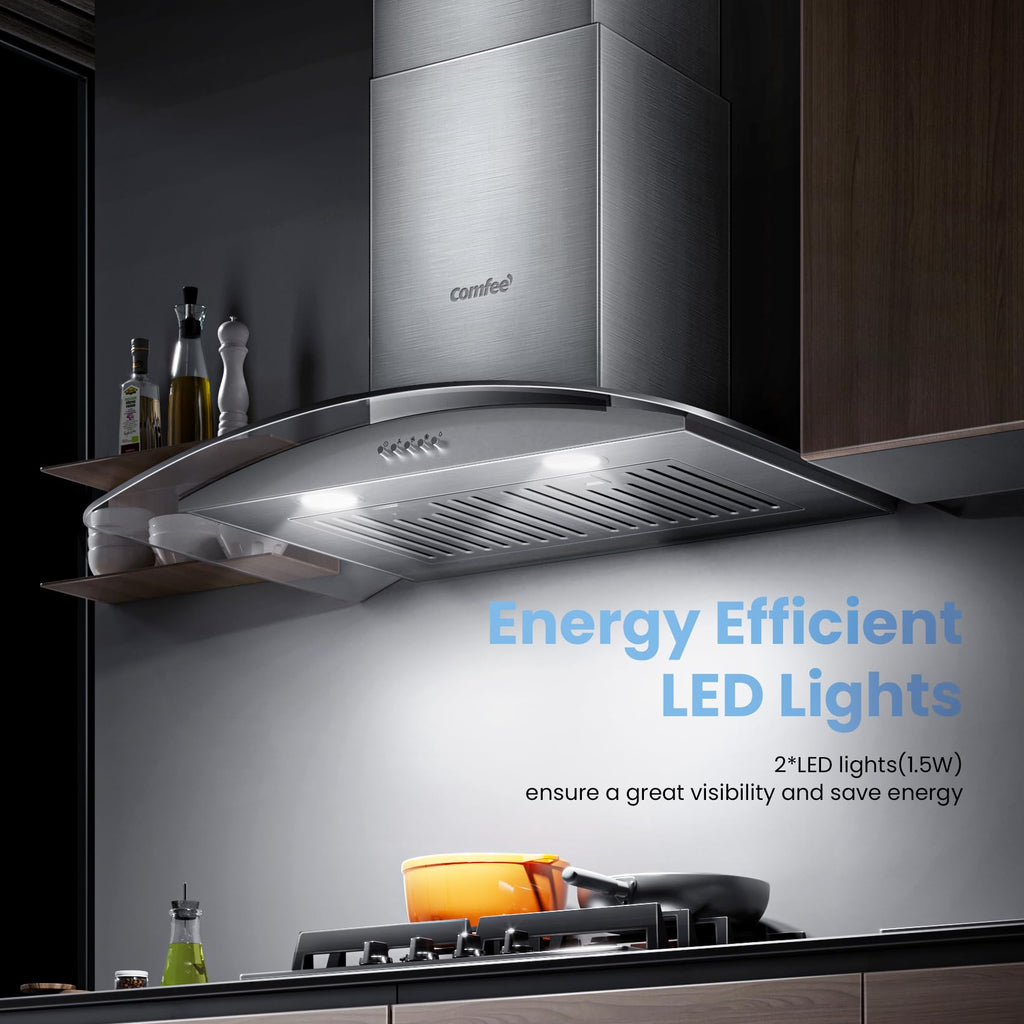 COMFEE' CVG30W8AST 30 Inches Ducted Wall Mount Vent Range Hood with 450 CFM 3 Speed Exhaust Fan, Baffle Filters, Curved Glass, 2 LED Lights, Convertible to Ductless, Stainless Steel