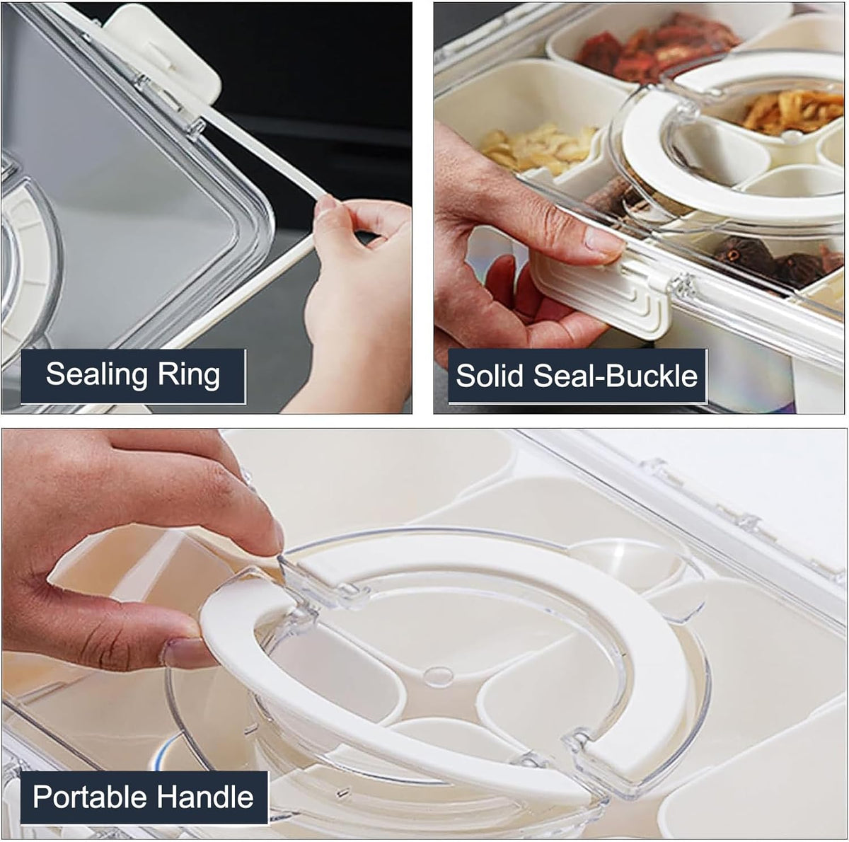 Divided Serving Tray with Lid and Handle,Portable Snackle Box Charcuterie Container,Snack tray Storage Organizer with lid,Snack Platters for Fruit, Nuts, Candy, Entertaining, Party, Picnic,Travel