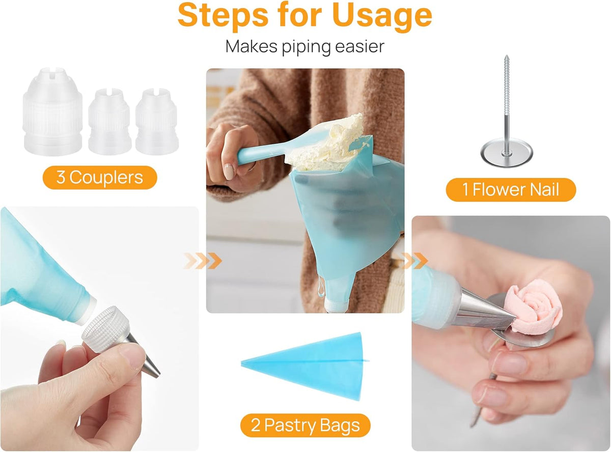 Kootek 54 in 1 Piping Bags and Tips Set with 13 Large Size Piping Tips, 35 Standard Size Icing Tips, 2 Reusable Pastry Bags 12 Inch, Cake Decorating Kit Supplies, Frosting Piping Kit for Cake, Cupcake