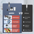 Blender ręczny Ganiza 5 w 1, silnik o mocy 1000 W, tryb ręczny z 16 prędkościami, ostrze ze stali nierdzewnej, pojemnik do mieszania o pojemności 800 ml, siekacz, trzepaczka i spieniacz do mleka o pojemności 600 ml