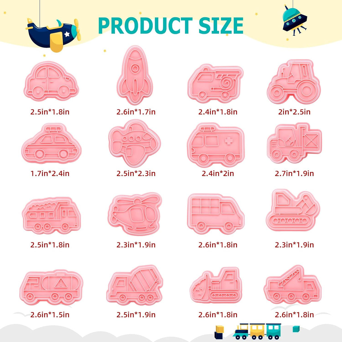 16 PCS Transportation Vehicle Cookie Cutters with Plunger Stamper, Car Cookie Mould Set, Transportation Theme Set Embossing Dies, Construction Vehicles Cookie Cutters Set for Fondant Cookies