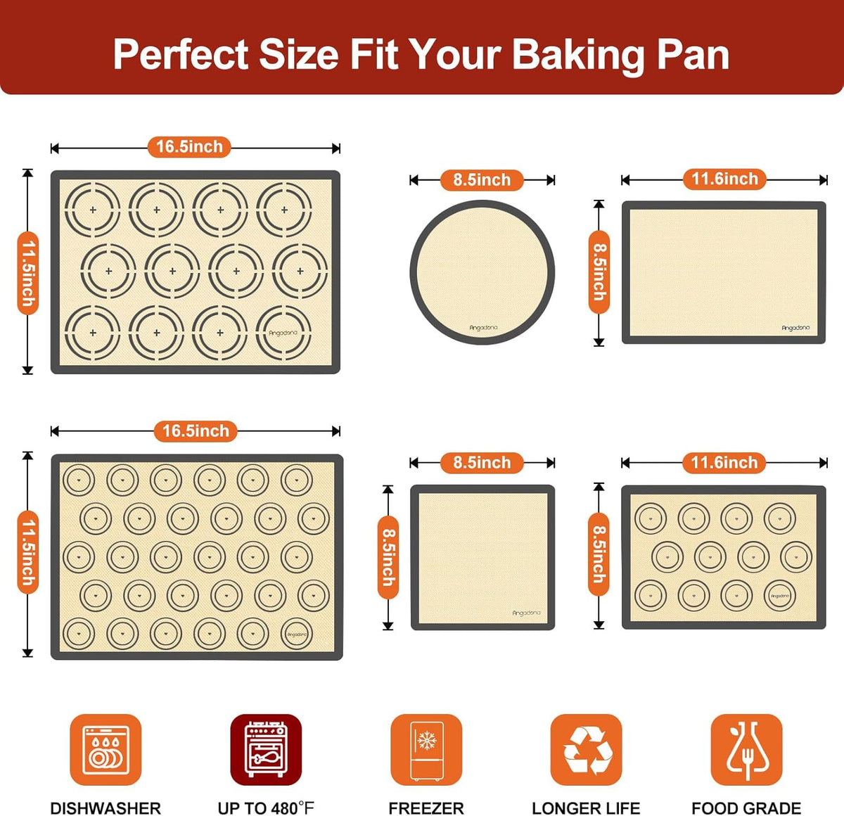 Silicone Baking Mat Set of 6, Non-Stick & Easy Clean Food Grade Reusable Baking Mat, Silicon Baking Mats Oven Liner Sheet, Round & Square Cake Mat, Pastry Board Rolling Dough Mats for Macaron Cookie