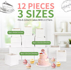 Moretoes 12 Pcs Cake Box, Tall Cake Boxes with Window in 3 Sizes 12x12x12 10x10x10 8x8x8 Inches, Bakery Boxes Disposable Carrier Take Out Container, 2 or 3 Tier for Valentine's Day Mother's Day