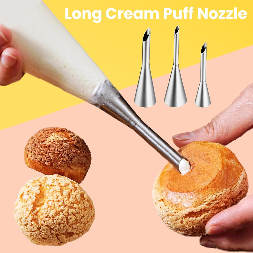 3Pcs Cream Icing Piping Nozzle Tips,Stainless Steel Long Puff Nozzle Tip With 10Pcs Disposable Piping Bags,Puff Pastry Filling Cake Decorating Tools