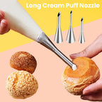 3Pcs Cream Icing Piping Nozzle Tips,Stainless Steel Long Puff Nozzle Tip With 10Pcs Disposable Piping Bags,Puff Pastry Filling Cake Decorating Tools