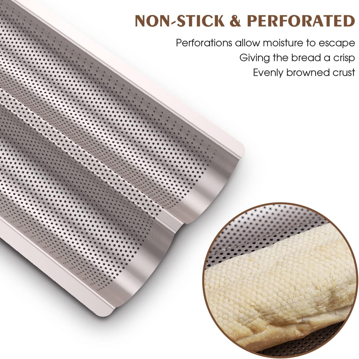 Baguette Pan French Bread Pans For Baking Pans, Nonstick 2 Slots Perforated Italian Loaf Pan Mold Long French Bread Pan Golden