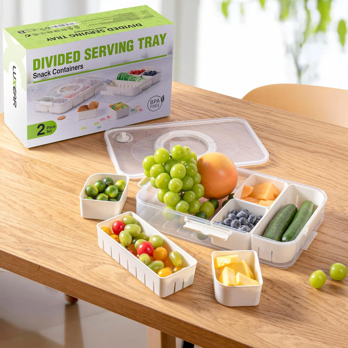LUXEAR Divided Serving Tray with Lid and Handle Snack Box Charcuterie Container Dishwasher Safe 2Pack Snack Platters Portable Clear Organizer for Fruits, Candy, Snacks, Picnic, Party&Travel