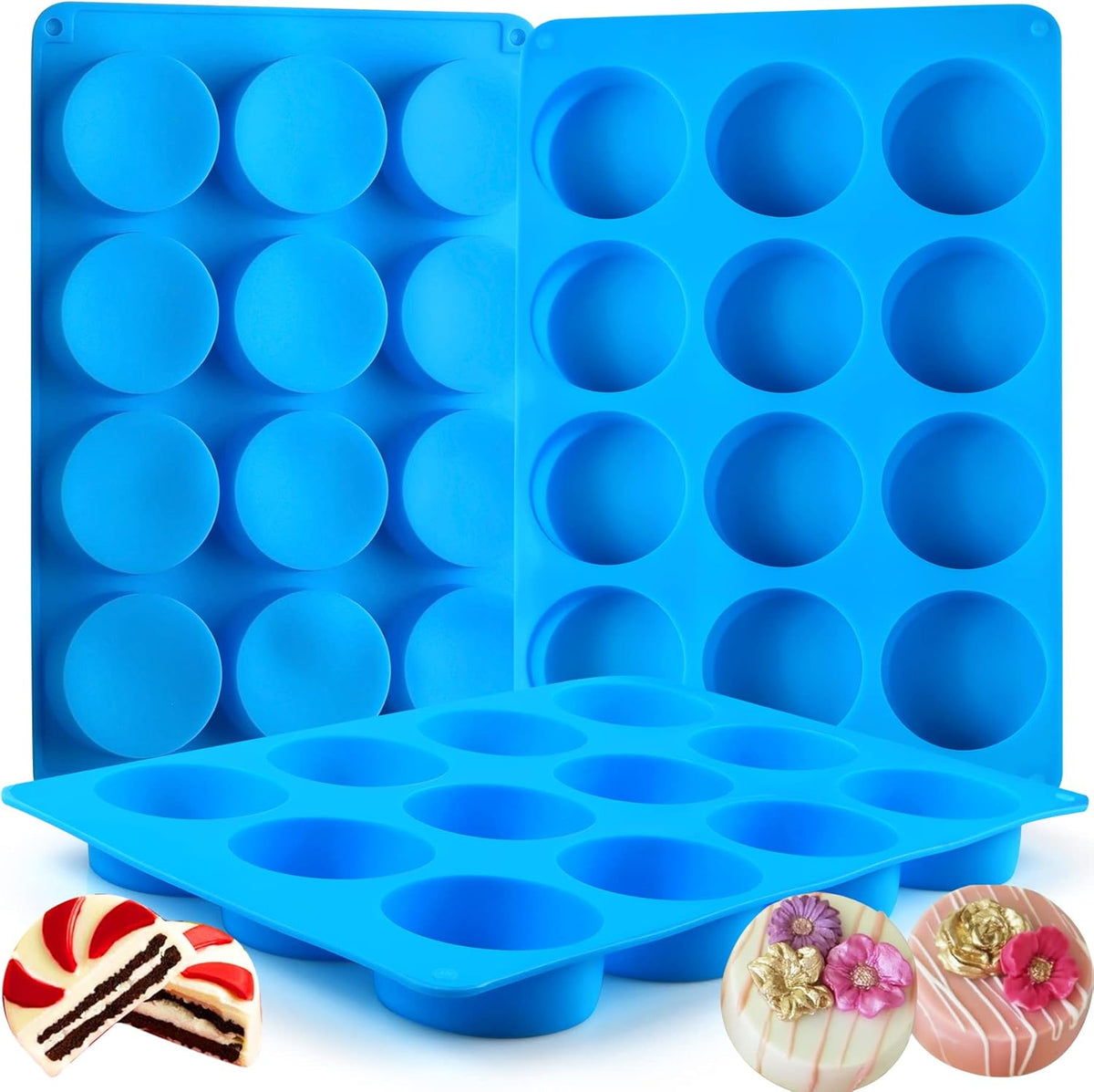 Sidosir 3Pcs Oreo Cookie Chocolate Silicone Mold, 12-Cavity Round Cylinder Oreo Chocolate Cover Molds for Candy, Silicone Baking Molds for Mini Cakes, Jelly
