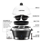 Chefman Egg-Maker Rapid Poacher, Food & Vegetable Steamer, Quickly Makes Up to 6, Hard, Medium or Soft Boiled, Poaching/Omelet Tray Included, Ready Signal, BPA-Free, BLACK