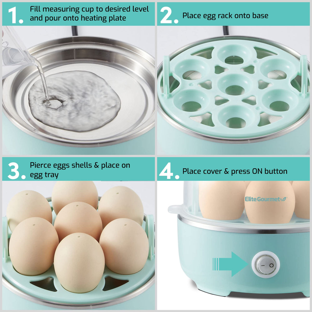 Електрична яєчня Elite Gourmet EGC115M Easy Egg Cooker, місткість 7 яєць, варка яєць на м'яких, середніх та круто з автоматичним вимкненням, мірна чашка в комплекті, без BPA, ретро-м'ятний колір