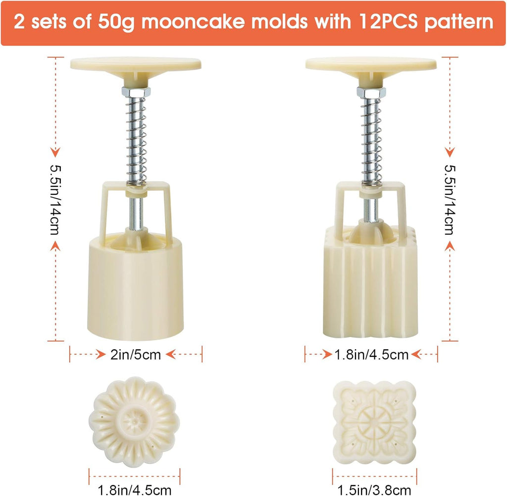 Luxiv Moon Cake Mould 50g, 12 PCS Pattern Hand-Pressure Mooncake Molds for Mid-Autumn DIY Pastry Tool 2 Sets with 6pcs Round Flower Mooncake Mode and 6 Pcs Square Pattern Mooncake Mould (White, 50g)