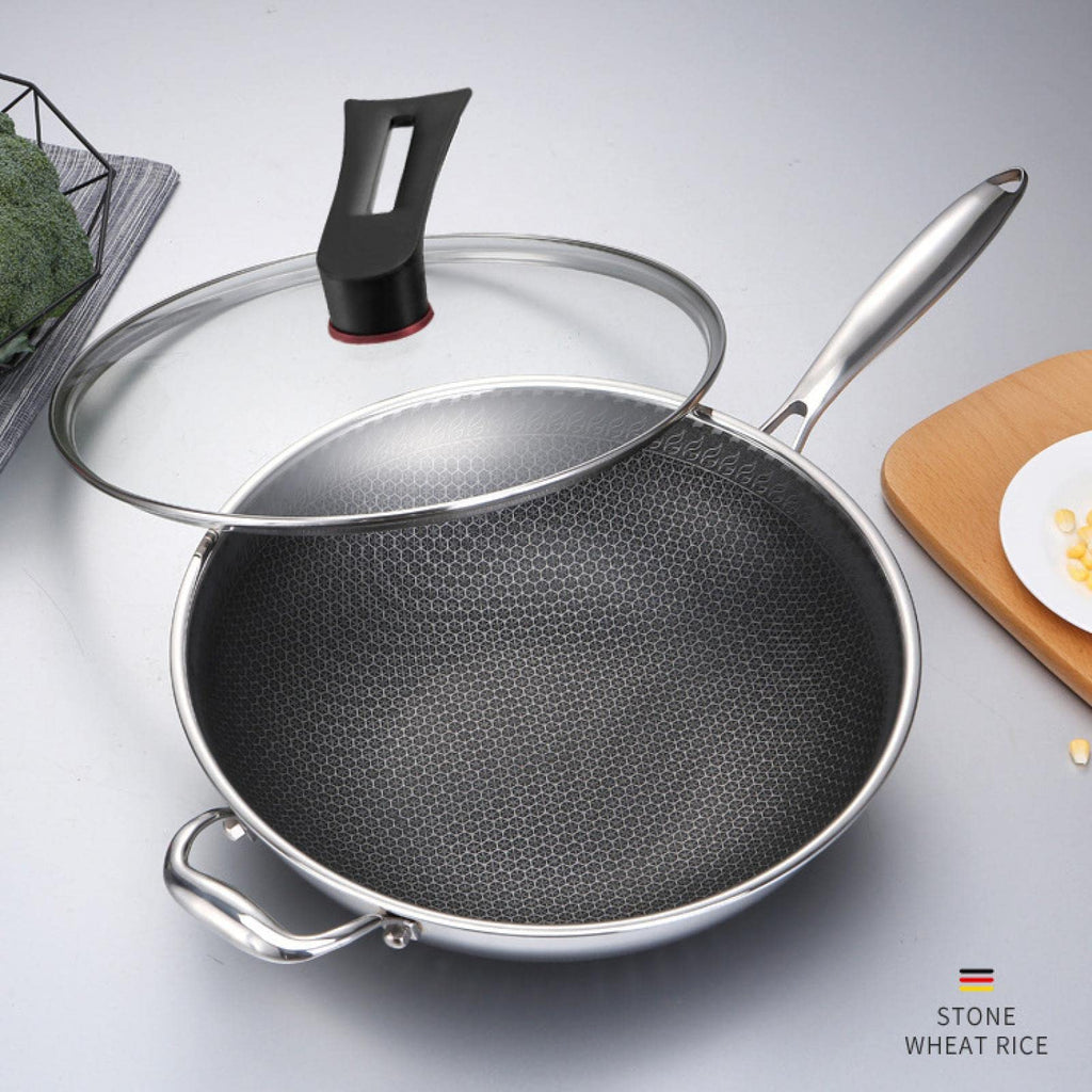 MoHaoCommerce 316 Stainless Steel Double-Sided Wok Less Oil Smoke Honeycomb Non-Stick Wok Household Gas Induction Cooker Kitchenware Pots