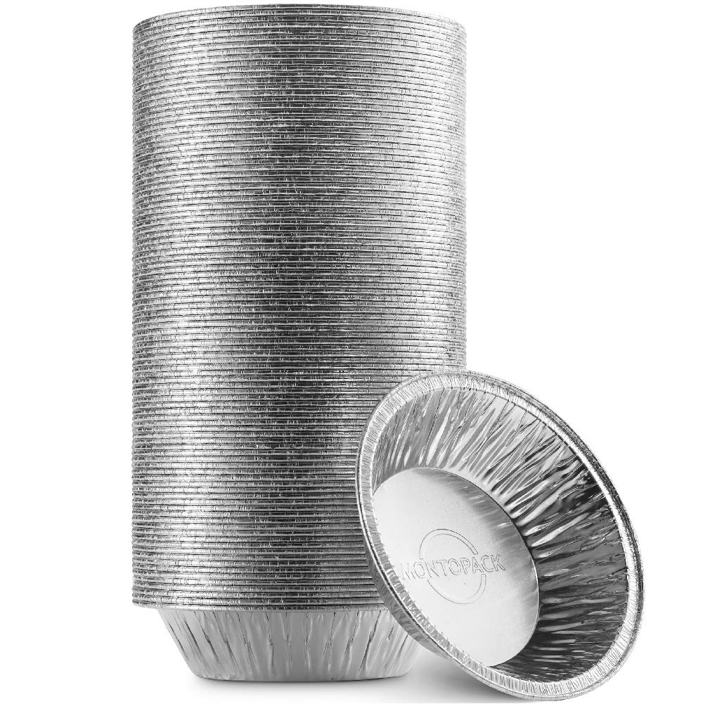 MontoPack 9” Aluminum Foil Pie Pans | Round Disposable Containers with Angled Walls for Tart Baking, Storing, Serving & Reheating | Freezer and Oven Safe, Recyclable | 50-Pack of Cake Tins