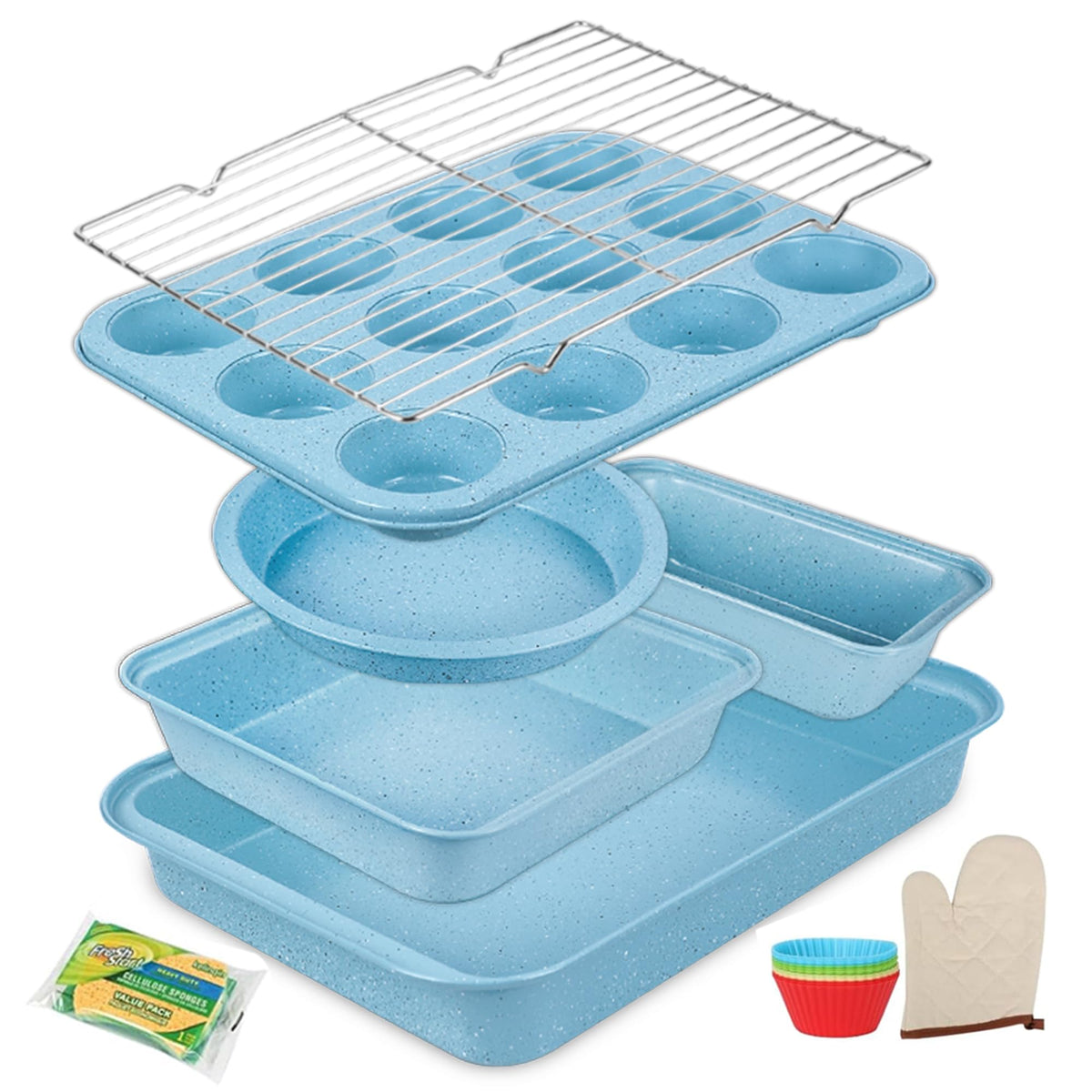 Baking Pans Set 6-Pieces, Non Stick Bakeware Set Stackable, with Cookie Sheet, Muffin, Round/Square Cake Pan, Loaf Pan, Rack, Oven Mitt for Home Baker, Gold