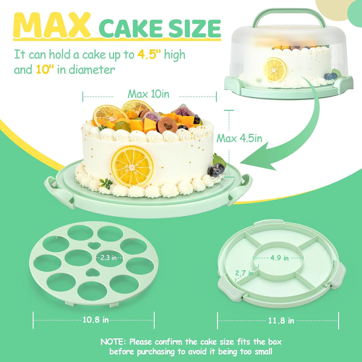 Ohuhu Cake Carrier with Lid and Handle, BPA-Free Cake Containers Cake Holder for 10 inch Cake with 2 Handles Cupcake Carrier - Plastic Cover Two Sided Base for Transport Pies Nuts Fruit Perfect Gifts
