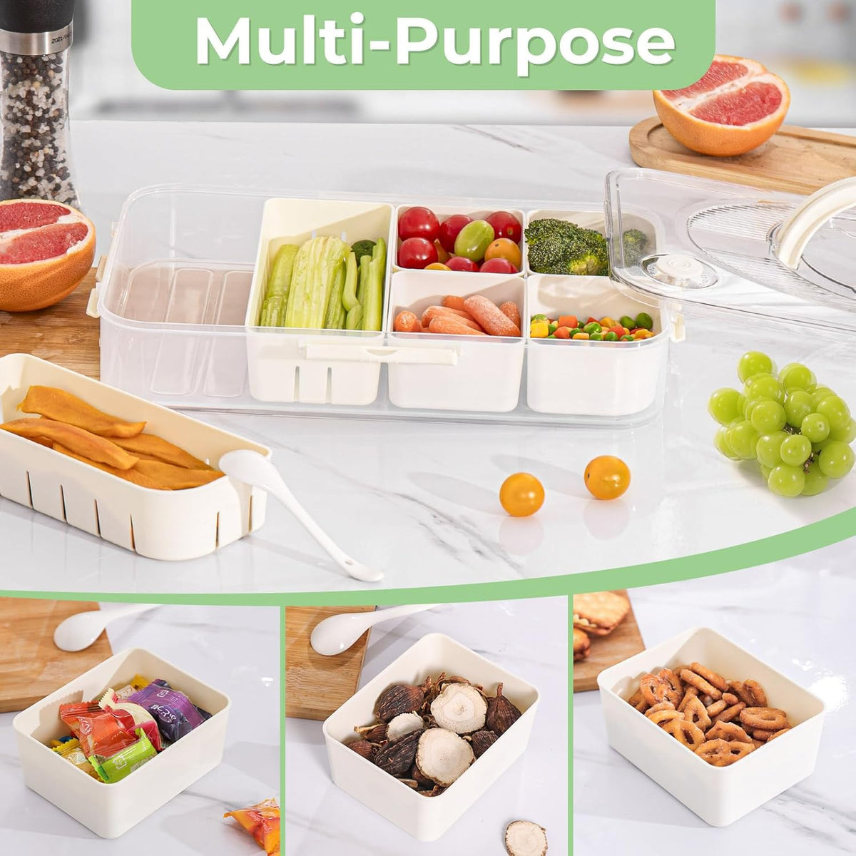 LUXEAR Divided Serving Tray with Lid and Handle Snack Box Charcuterie Container Dishwasher Safe 2Pack Snack Platters Portable Clear Organizer for Fruits, Candy, Snacks, Picnic, Party&Travel