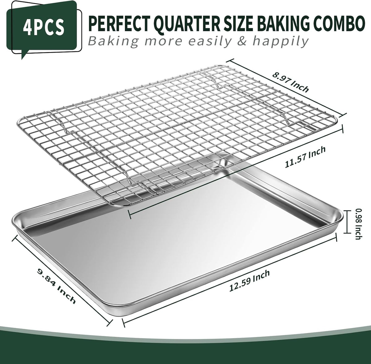 Quarter Sheet Pan with Cooling Rack Set [2 Baking Sheets + 2 Baking Racks], CEKEE Stainless Steel Cookie Sheets for Baking and Wire Rack - Rust & Warp Resistant & Nonstick, Size 12 x 9.8 x 1 Inch