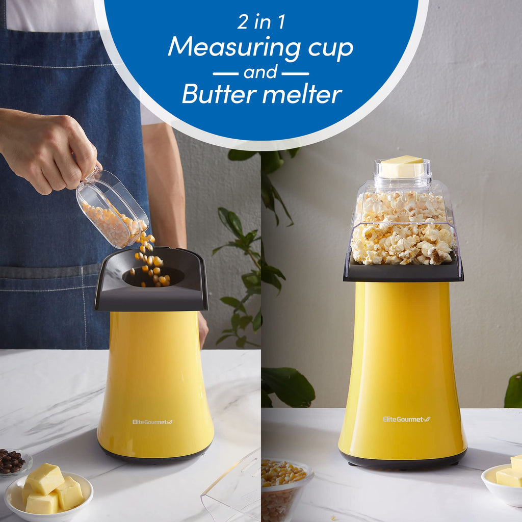 Elite Gourmet Fast Hot Air Popcorn Popper, 1300W Electric Popcorn Maker with Measuring Cup & Butter Melting Tray, Oil-Free, Great for Home Party Kids, Safety ETL Approved, 4-Quart, Yellow