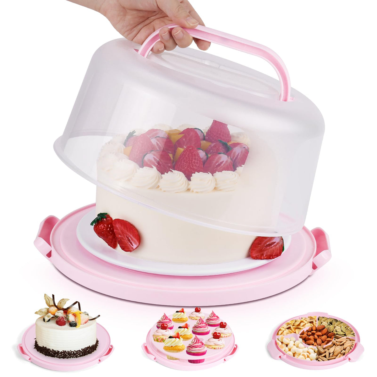 Cake Carrier with Lid and Handle, Multipurpose Cake Stand Fits 10 inch Cake, Cupcake Containers for 11 Cupcakes，Cake Holder Serves as Five Section Serving Tray, Portable Cake Carriers, White