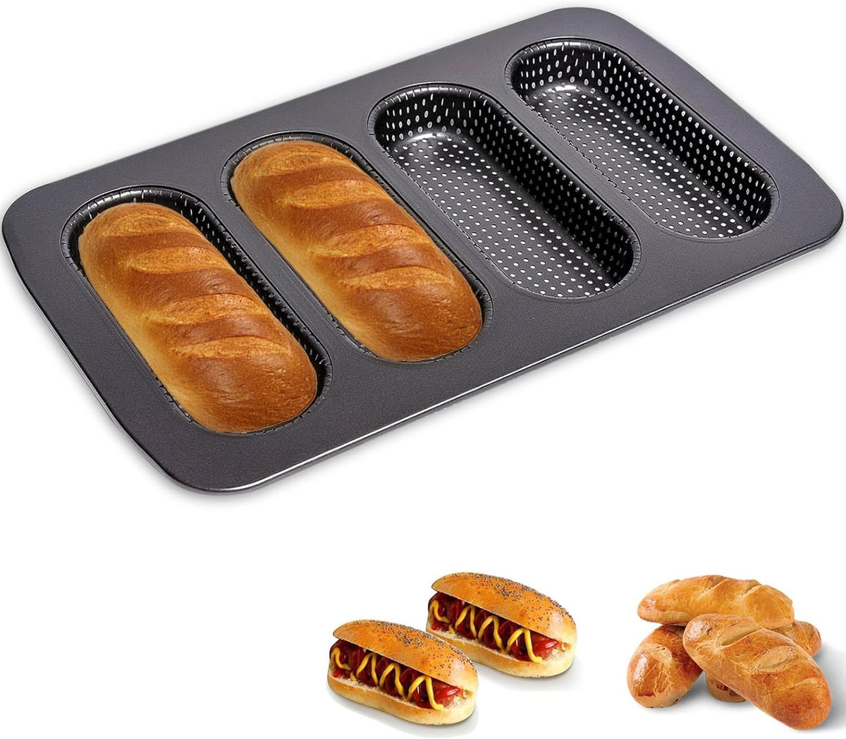 Mini Baguette Tray, Perforated French Stick Loaf Baking Molds Pan, Non-Stick Hot Dog Bun Baking Tray, Mini Sandwich Mold, for Crispy Loaves & Rolls, 13.6 x 8.4 x 1.1 inch