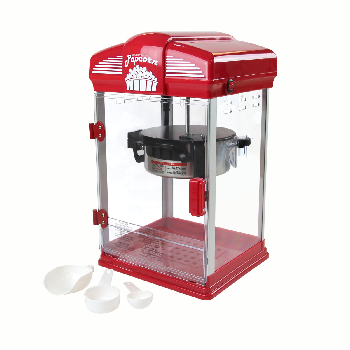 West Bend Stir Crazy Movie Theater Popcorn Popper z nieprzywierającym czajnikiem do popcornu, narzędziem pomiarowym i łyżką do popcornu do maszyny do popcornu Gourmet, 4 Qt., czerwony