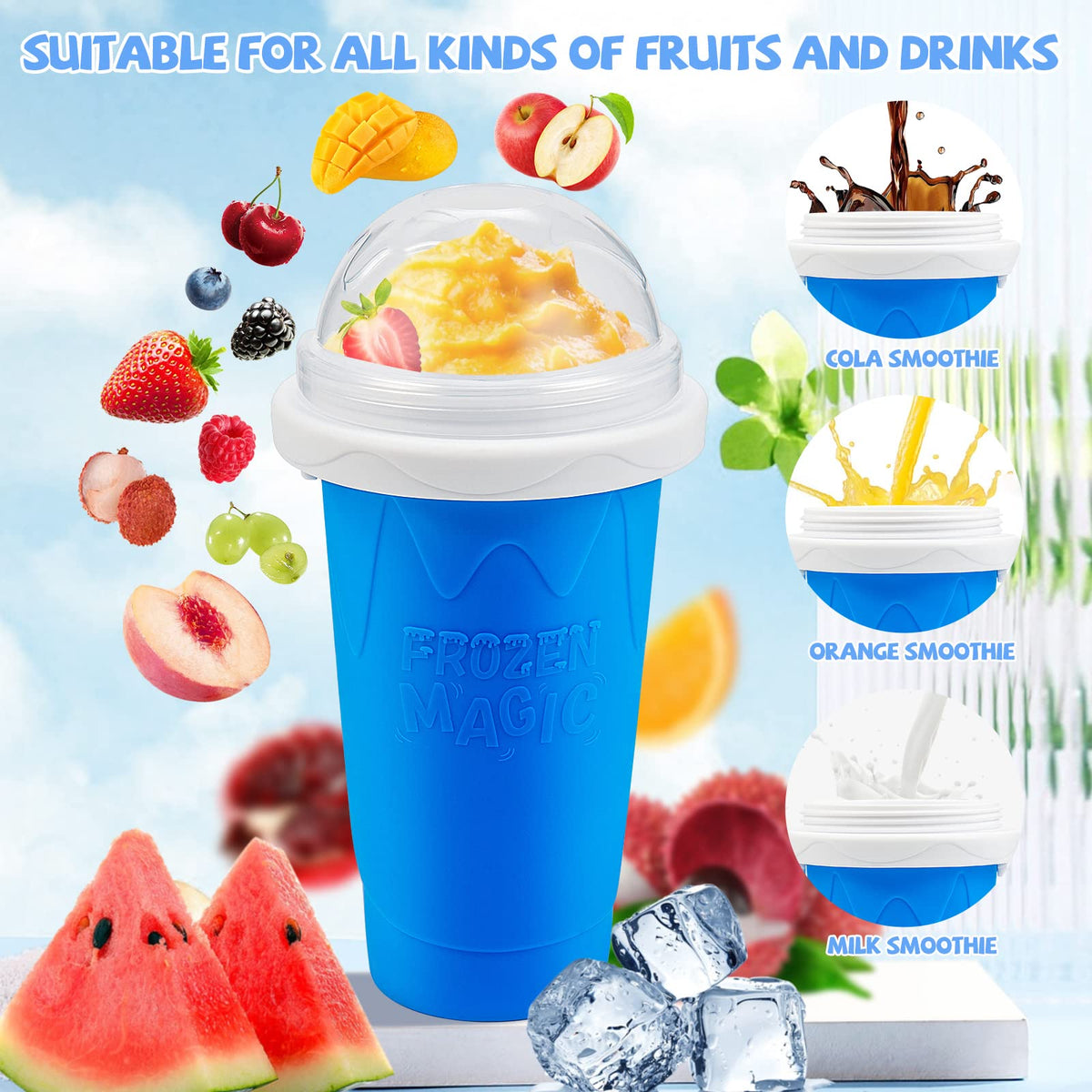 Kubek do robienia slushy, kubek do mrożonych koktajli Magic Quick Frozen Smoothies, przenośny dwuwarstwowy kubek do robienia slushy, maszyna do robienia slushie ze słomką i łyżką, prezenty świąteczne dla rodziny, dzieci i rodziny (niebieski)