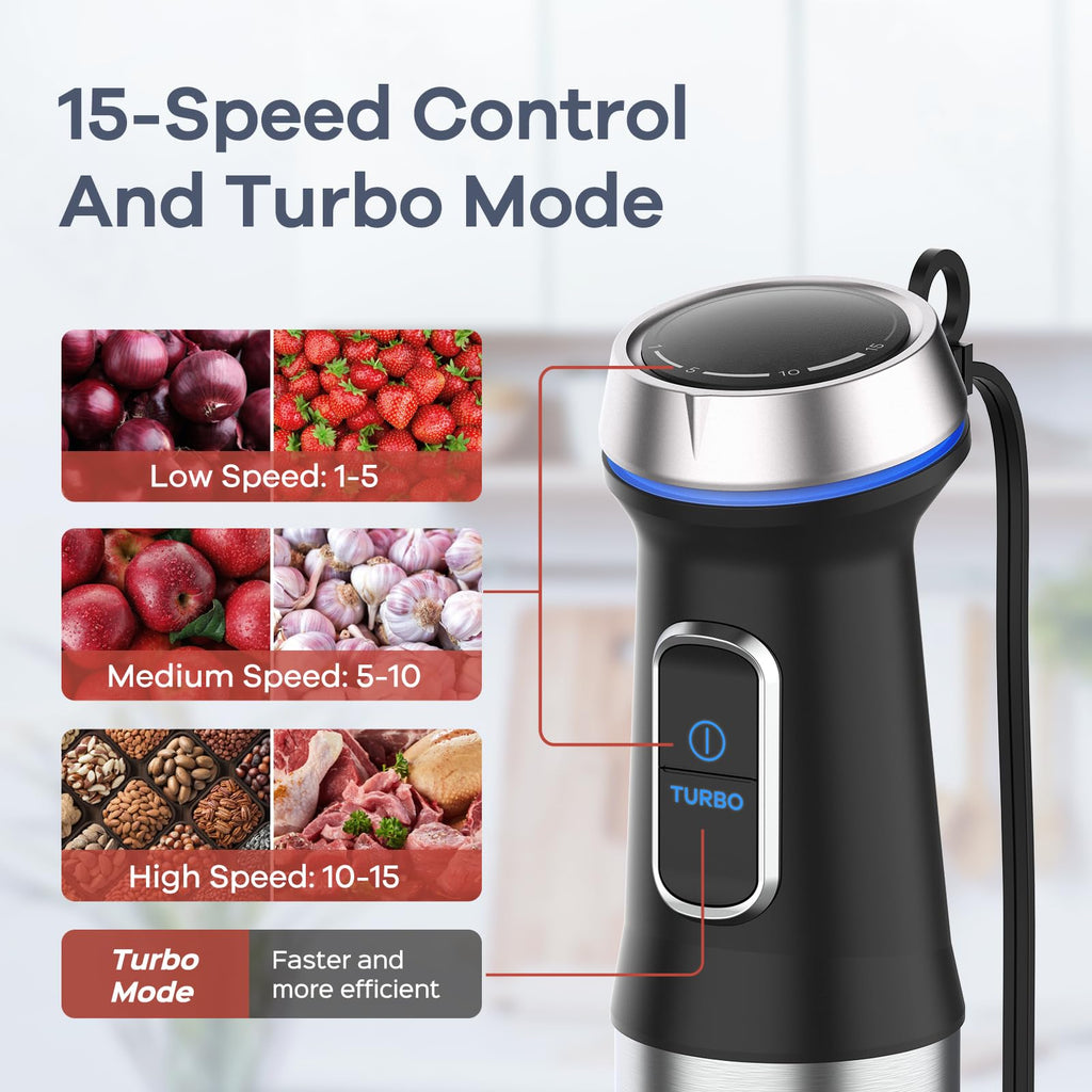 Blender ręczny Ganiza 5 w 1, silnik o mocy 1000 W, tryb ręczny z 16 prędkościami, ostrze ze stali nierdzewnej, pojemnik do mieszania o pojemności 800 ml, siekacz, trzepaczka i spieniacz do mleka o pojemności 600 ml