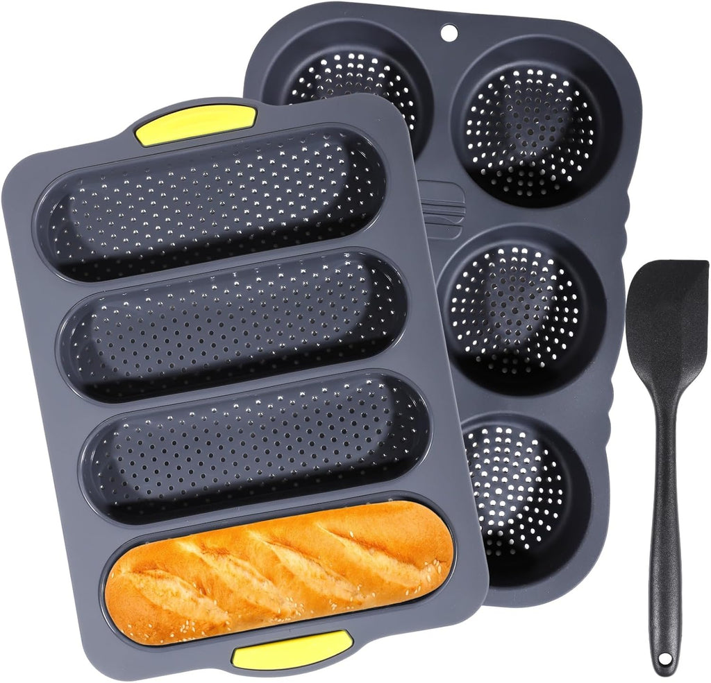 OMISTAR 3 PCS Silicone Baguette Pan and Hamburger Bun Pan Set,Non-stick French Bread Baking Mold,4 Wave French Bread Baking Tray,6 Cup Hamburger Bun Mold with Scraper
