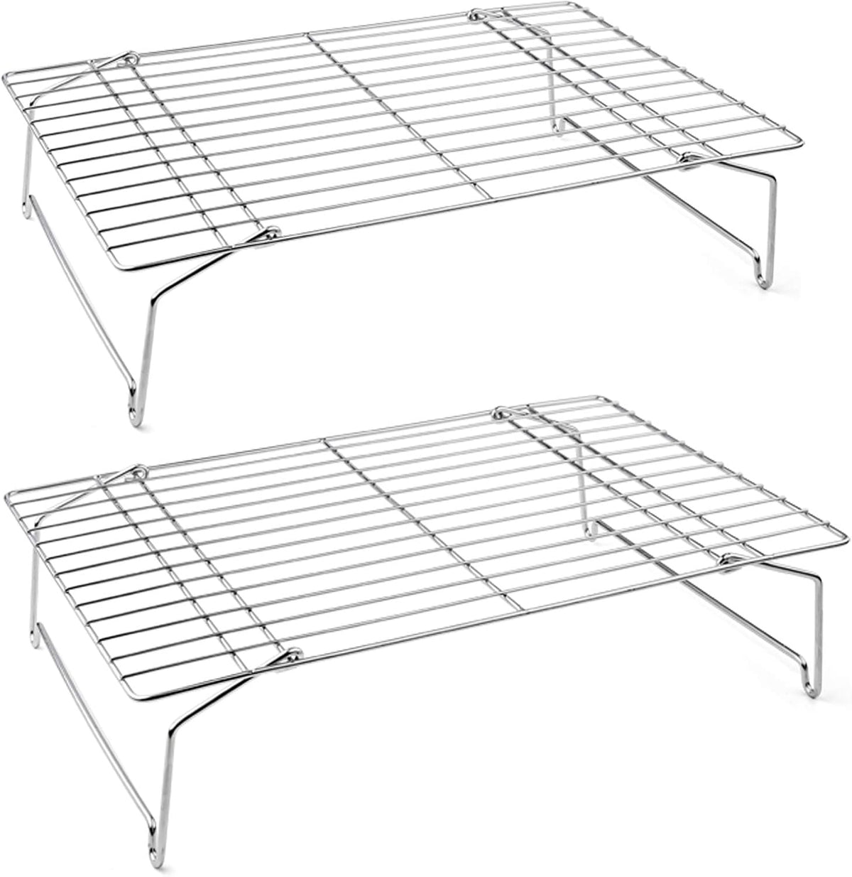 P&P CHEF Cooling Rack Set of 2, 2-Tier Stackable Stainless Steel Wire Racks for Baking Cooking Cooling Roasting, Collapsible & Heavy Duty, Oven Safe & Easy Clean, 15" x 10", Silver