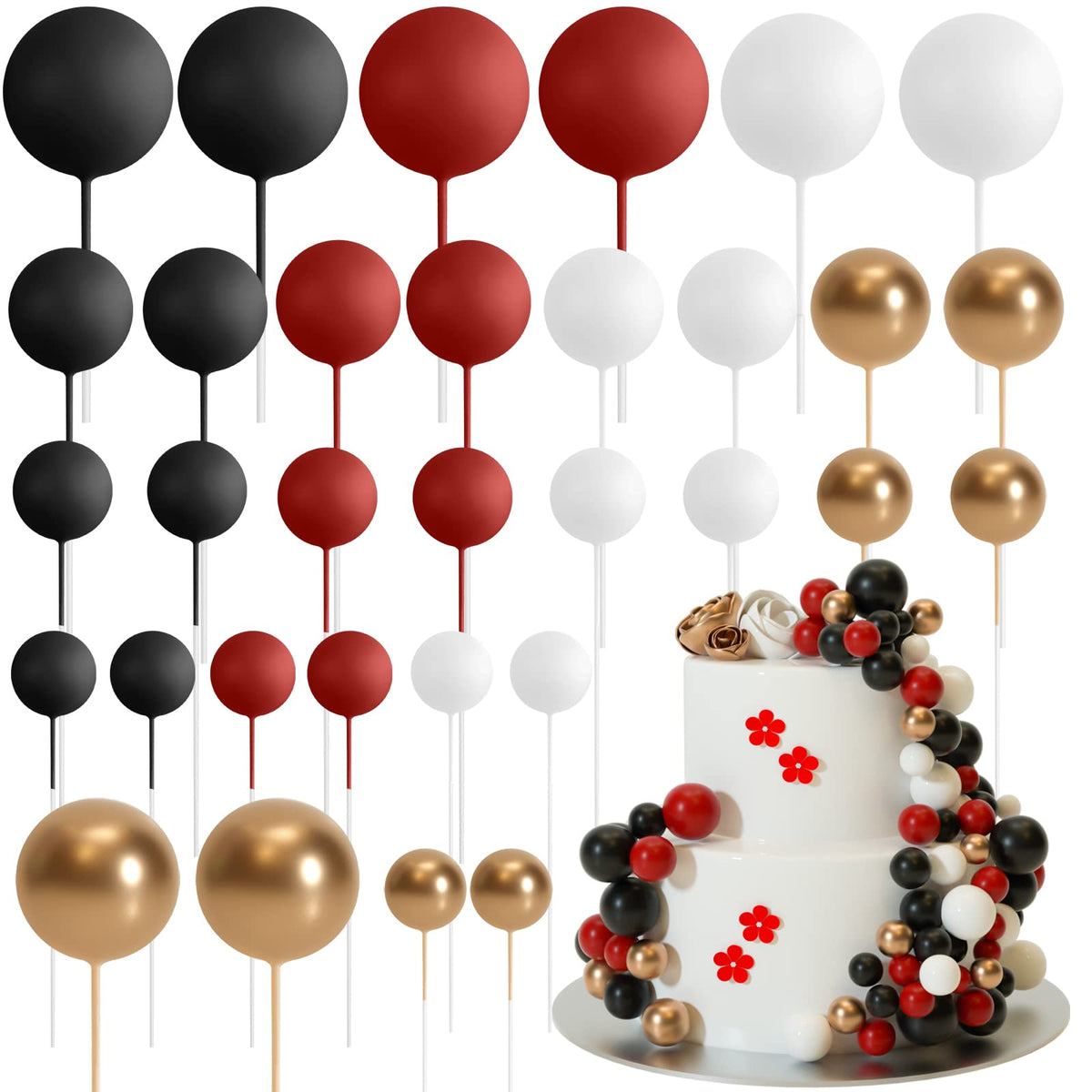 ASTARON 32 Pcs Ball Cake Topper Decorations Mini Balloons Cake Topper Sticks Foam Balls Cake Picks Cake Topper Balls Cake Decorations for Wedding Party Birthday Cake Decorating (Green Brown Gold)