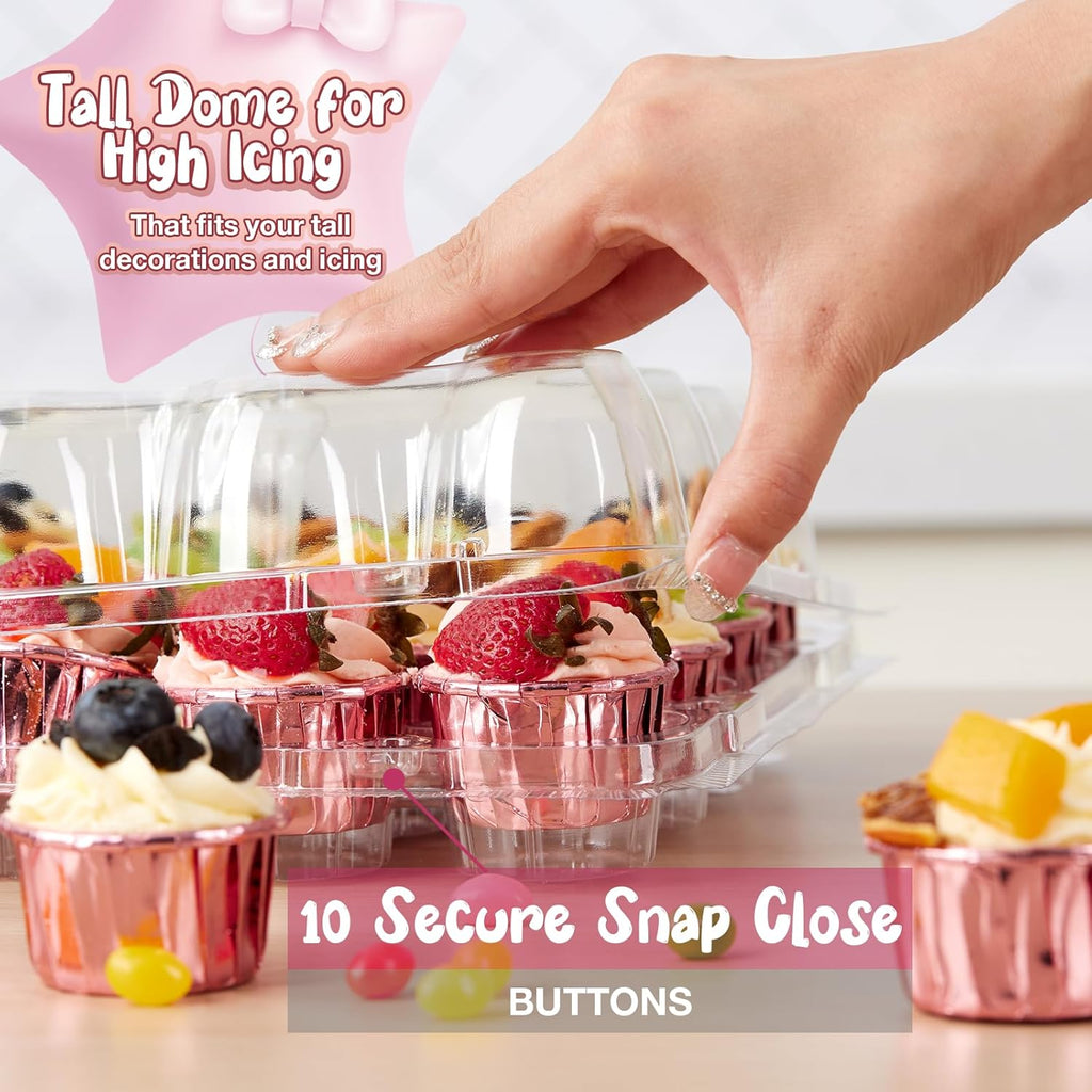 (24 Pack x 15 Sets) Mini Cupcake Containers with 375 Pack Cupcakes Liners, Plastic Cupcake Holder, Stackable Mini Cupcake Boxes Carrier, Clear Disposable Cupcake Trays, High Dome - MINI SIZE