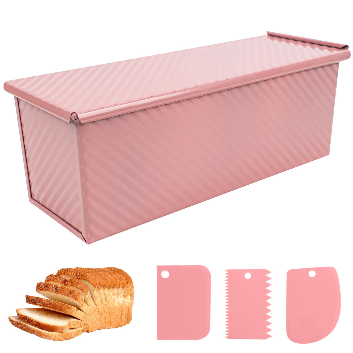 Pullman Loaf Pan with Lid, 1Pound Dough Capacity Rectangular Bread Pan, Non-Stick Long Bread Pans for Homemade Bread, 9x4inch Pullman Loaf Pan with Dough Scraper Cutter for Sandwich Bread