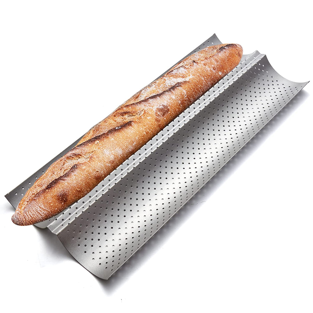 KITESSENSU Nonstick Baguette Pans for French Bread Baking, Perforated 4 Loaves Baguettes Bakery Tray, 15" x 13", Silver