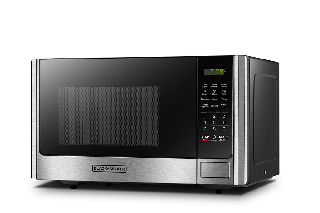 BLACK+DECKER Cyfrowy Piekarnik Mikrofalowy z Talerzem Obrotowym, Przyciskiem Drzwi, Blokada Bezpieczeństwa Dziecięca, Stal Nierdzewna, 0.9 Cu Ft
