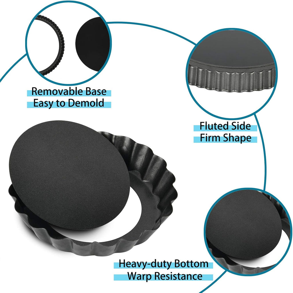 Mini Tart Pans with Removable Bottom 4 inch Set of 10, Non-stick Round Quiche Pan Heavy Duty Carbon Steel for Mousse Cakes, Christmas Dessert Baking with Silicone Scrubber