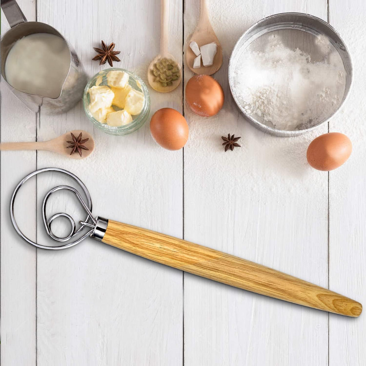 Danish Dough Whisk, Dutch Style Bread Whisk For Sourdough Cooking Kitchen with Stainless Steel Danish Sourdough Whisks Bread Mixer 13" and Dough Scraper