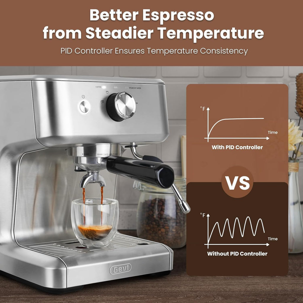 Ekspres do kawy Gevi EzBru 1000, ekspres do kawy Barista z regulowaną temperaturą i objętością napoju, stalowy ekspres do cappuccino ze spieniaczem do mleka, ekspres do kawy ekspresowej dla miłośników kawy