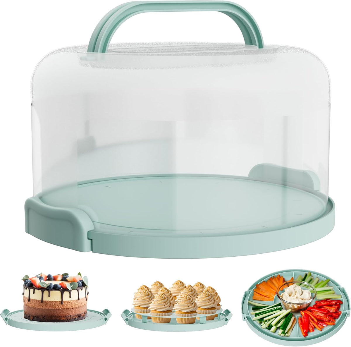 Cake Carrier with lid and Handle - Multipurpose Cake Stand with Lid for 10” Cake, Pie, Cupcakes - Cake Holder & Lid, Plastic Cake Container, Round Cake Cover for Transport & Storage (Seafoam Green)