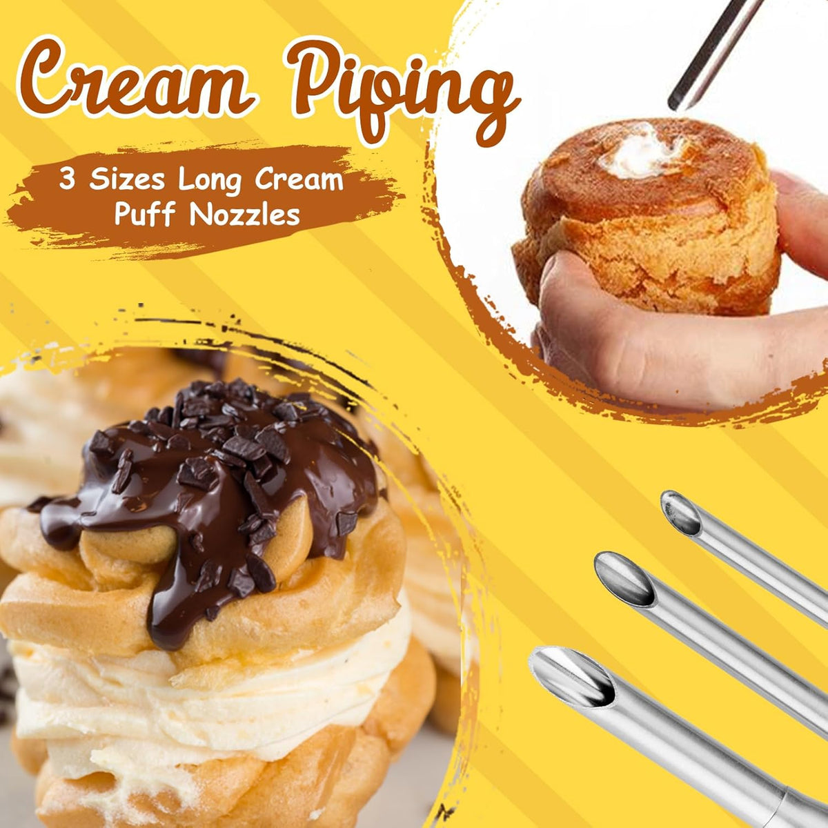 3Pcs Cream Icing Piping Nozzle Tips,Stainless Steel Long Puff Nozzle Tip With 10Pcs Disposable Piping Bags,Puff Pastry Filling Cake Decorating Tools