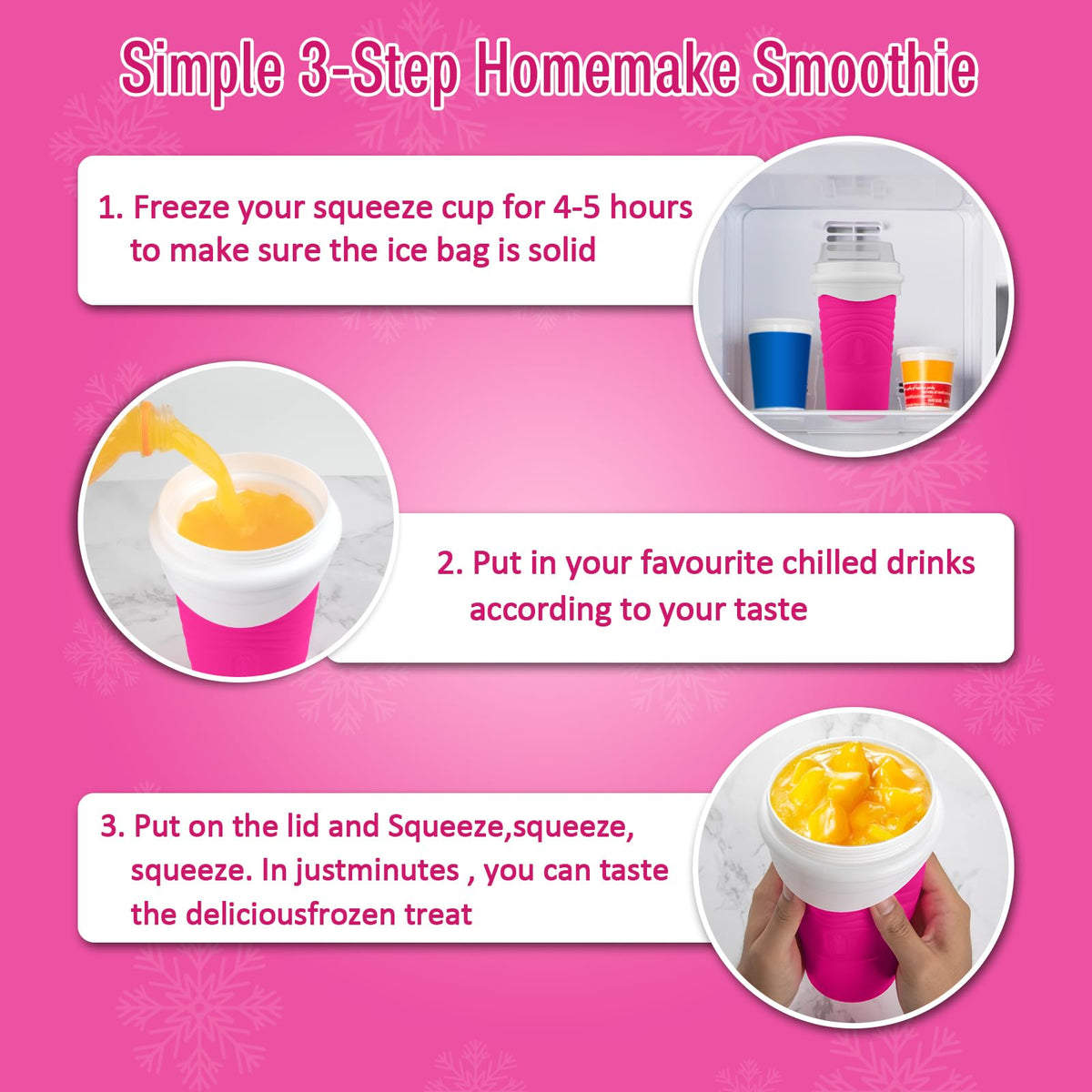 Slushie Maker Cup, DIY Magic Slushy Maker Squeeze Cup, Portable Smoothie Squeeze Cup for Juices, Milk and Ice Cream Make, Double Layers Silica Cup with Lid & Straw for Friends, Family Gifts (Pink)