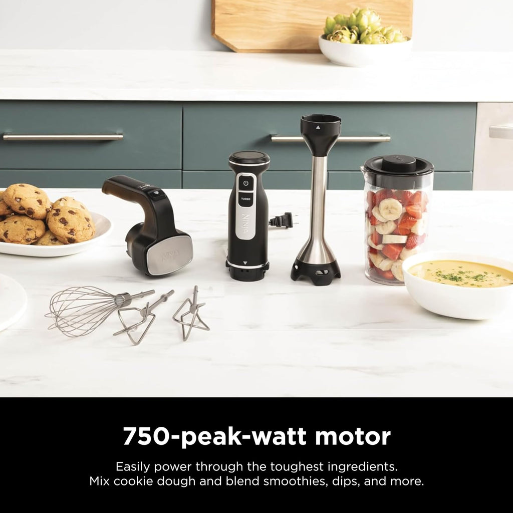 Mikser ręczny Ninja, blender ręczny, system miksera Foodi Power Mixer, 750-watowy szczytowy ręczny blender do emulsji i elektryczny mikser ręczny Combo z trzepaczką, ubijaczkami i 3-filiżankowym pojemnikiem do mieszania, 120 woltów, czarny CI101