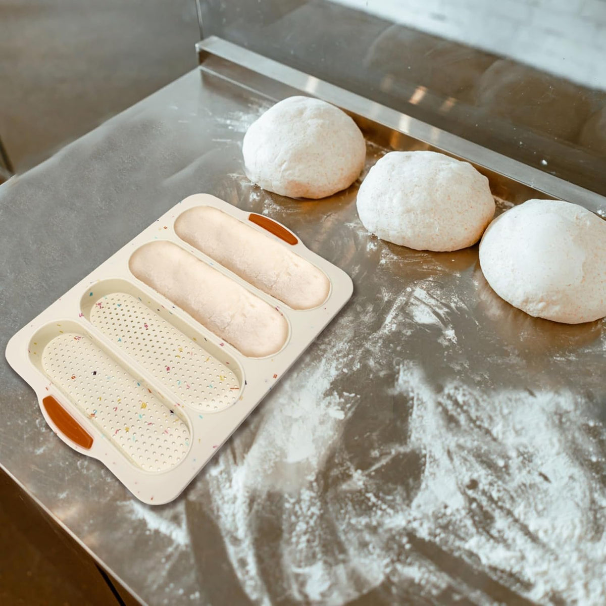 French Bread Hoagie Sub Roll Baking Pans 4-slot, Non Stick Silicone Mould Mold Tray for Sandwich Baguette Hot Dog Bun Loaf Food, Mini Tool Set for Restaurant Homemade Household Breakfast Dinner-Beige