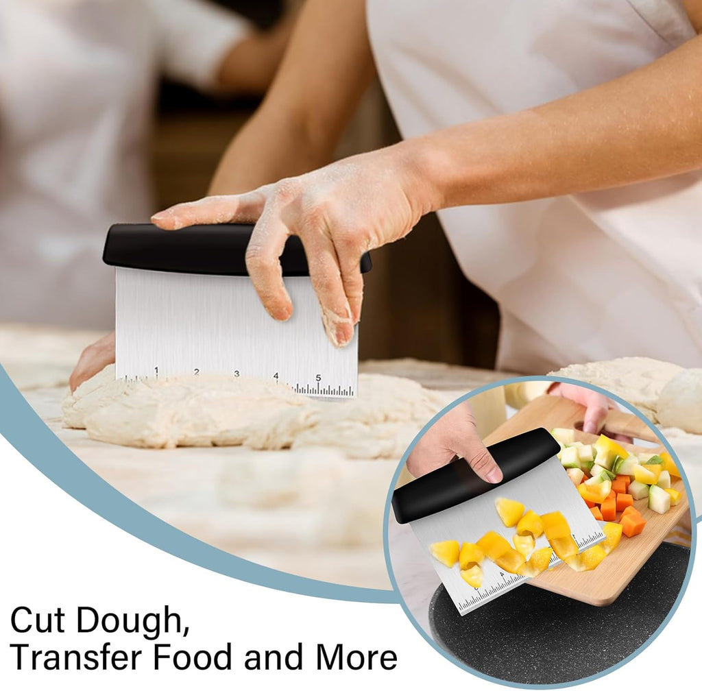 Bench Scraper, Premium Stainless Steel Dough Scraper with 2 PCS Flexible Bowl Scraper, Dough Cutter with Measuring Scale, Versatile Kitchen Scraper Set for Pastry Bread Pizza Cake